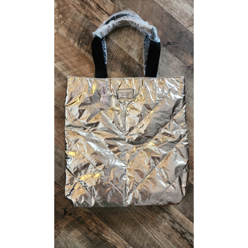Victoria's Secret Quilted Metallic Rose Gold Tote Bag Shoulder Strap Women